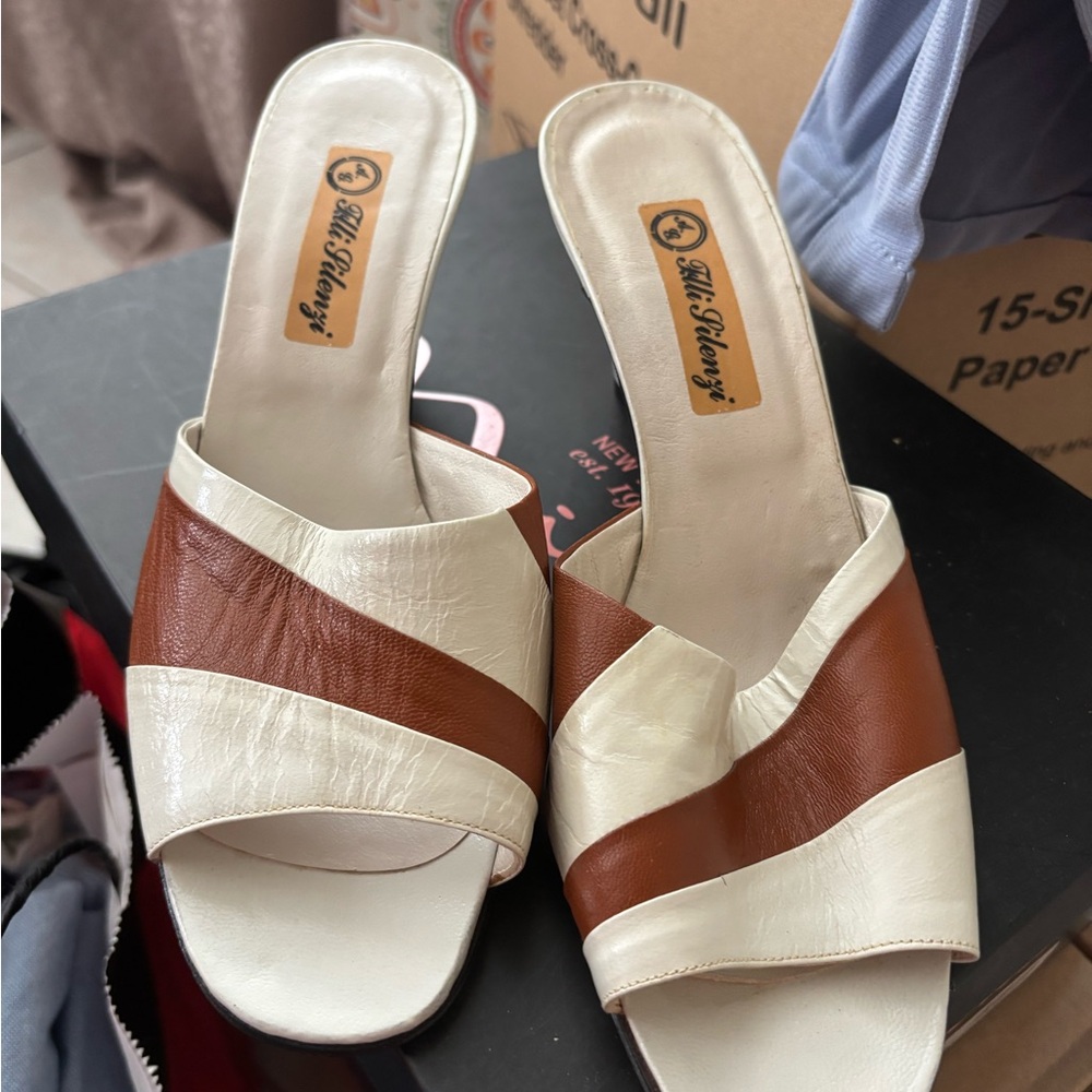 Women's Brown and Cream Slide Sandals
